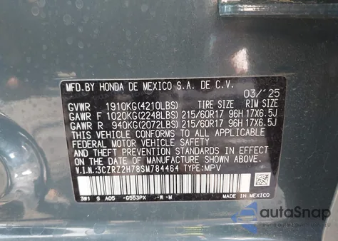2025 Honda Hr-V Awd Ex-L from USA, damaged, VIN 3CZRZ2H78SM784464